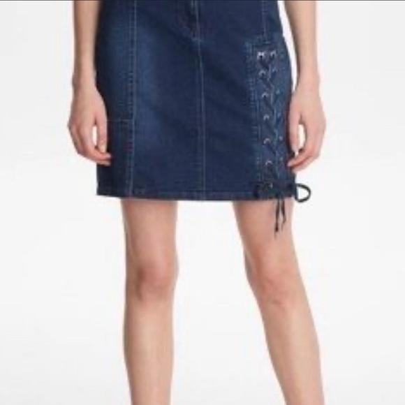 Karl Lagerfeld Paris Lace-Up Braided Stretchy Denim Mini Denim Skirt Sz 10 Y2K - Picture 13 of 13